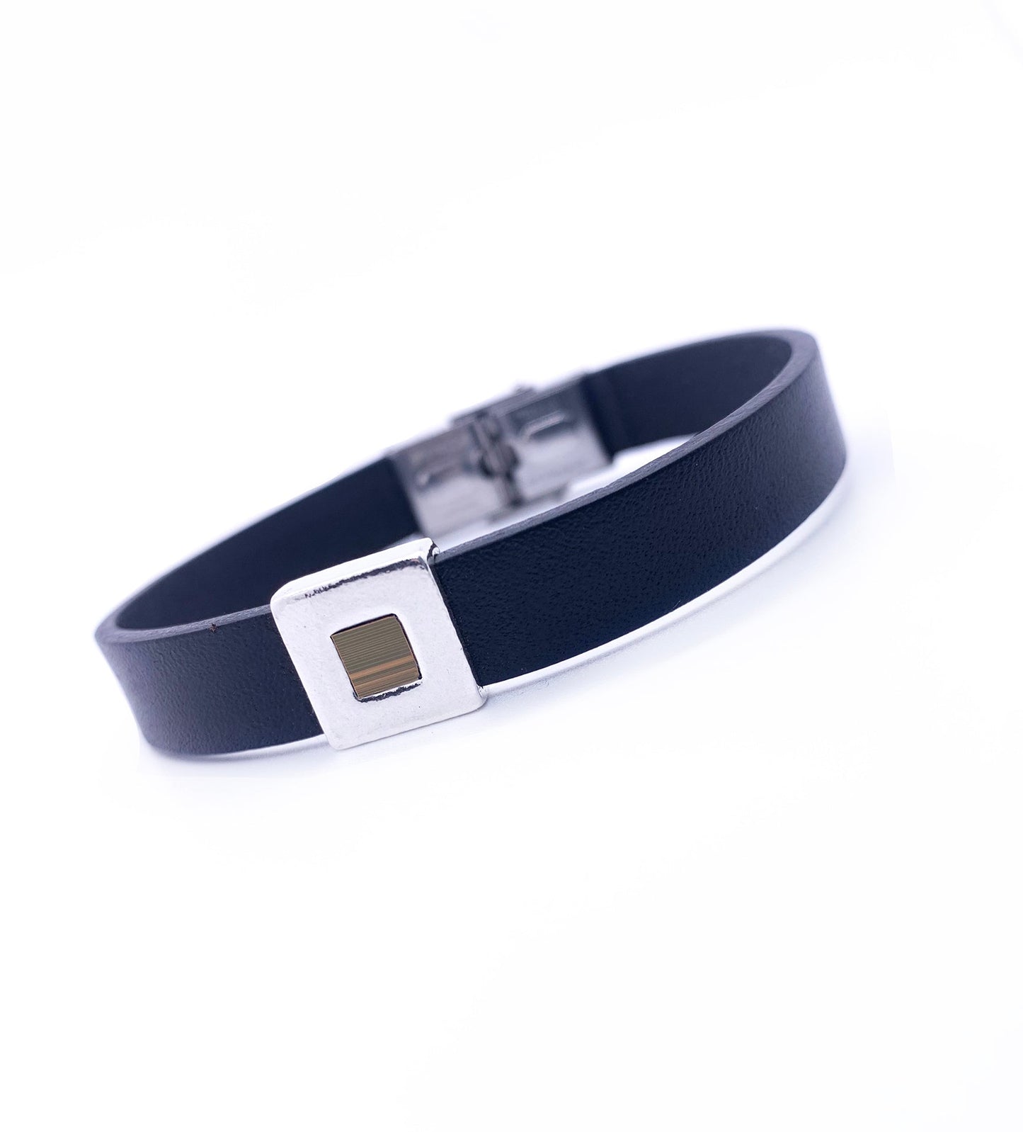 Black leather bracelet / brown brown inlaid nanot
