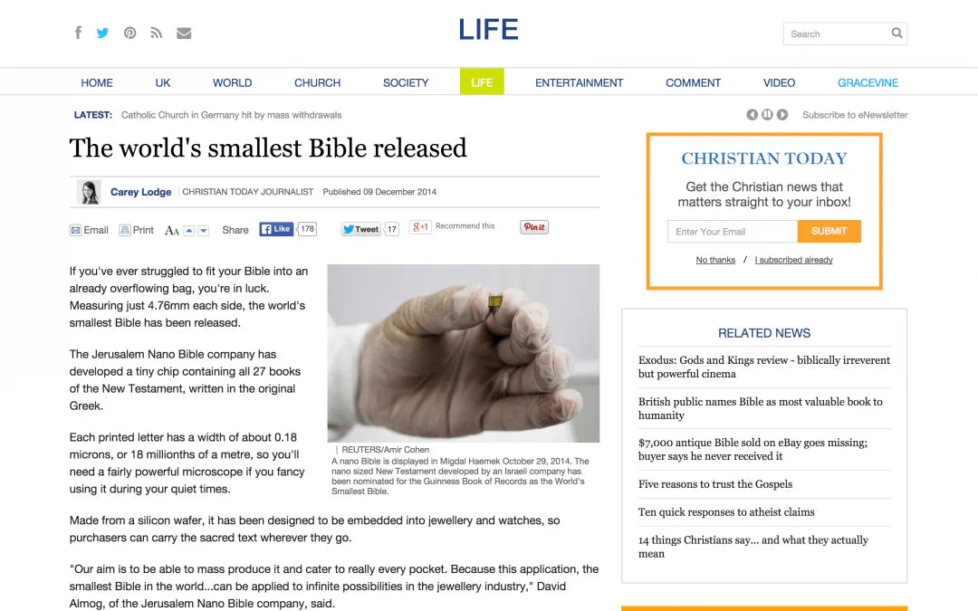 THE WORLD’S SMALLEST BIBLE RELEASED ג'רוזלם ננו תנ"ך