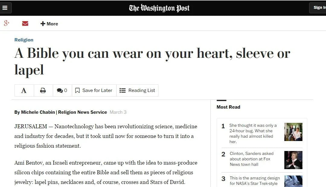A BIBLE YOU CAN WEAR ON YOUR HEART, SLEEVE OR LAPEL ג'רוזלם ננו תנ"ך